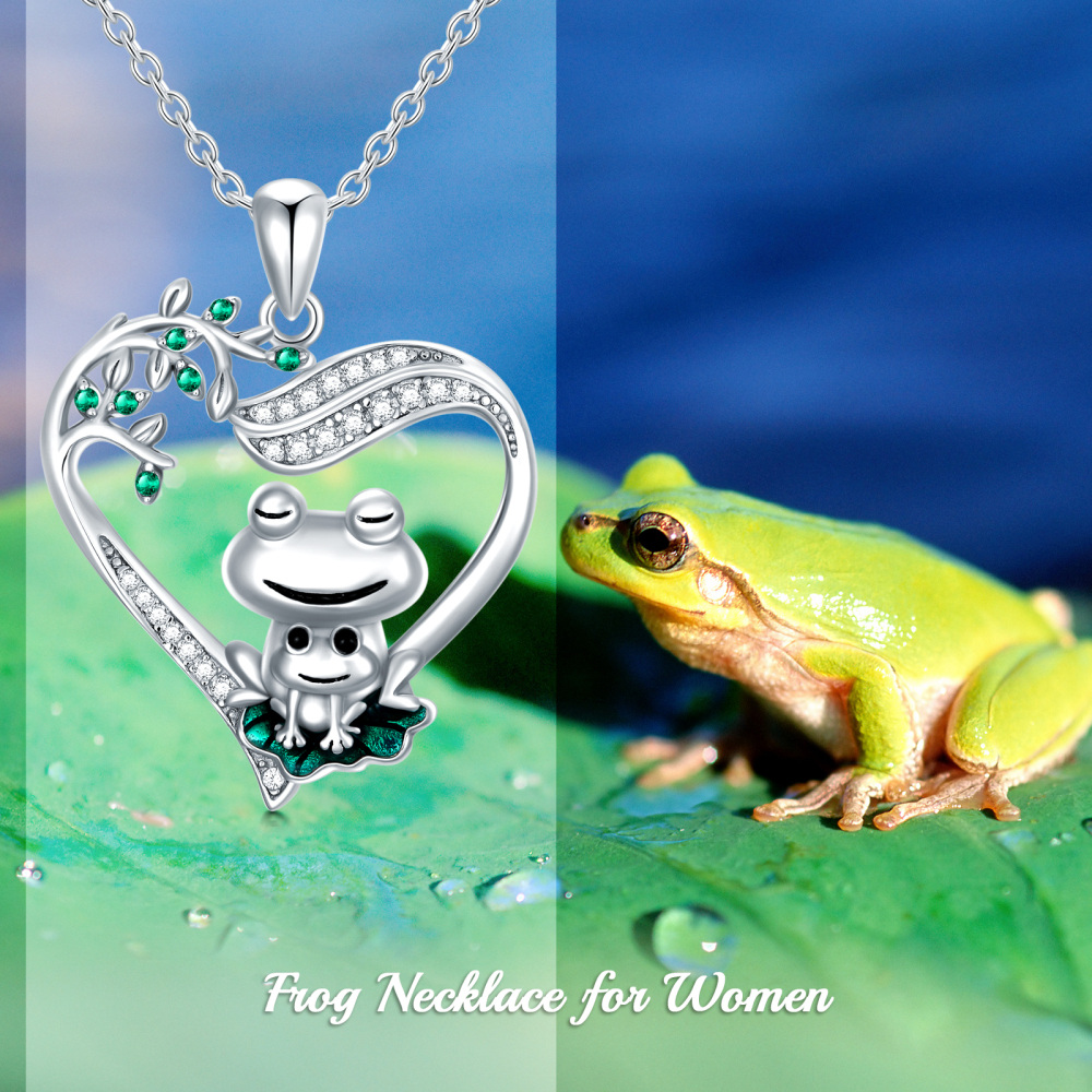 Sterling Silber kreisförmig Cubic Zirkonia Frosch & Herz-Anhänger Halskette-6