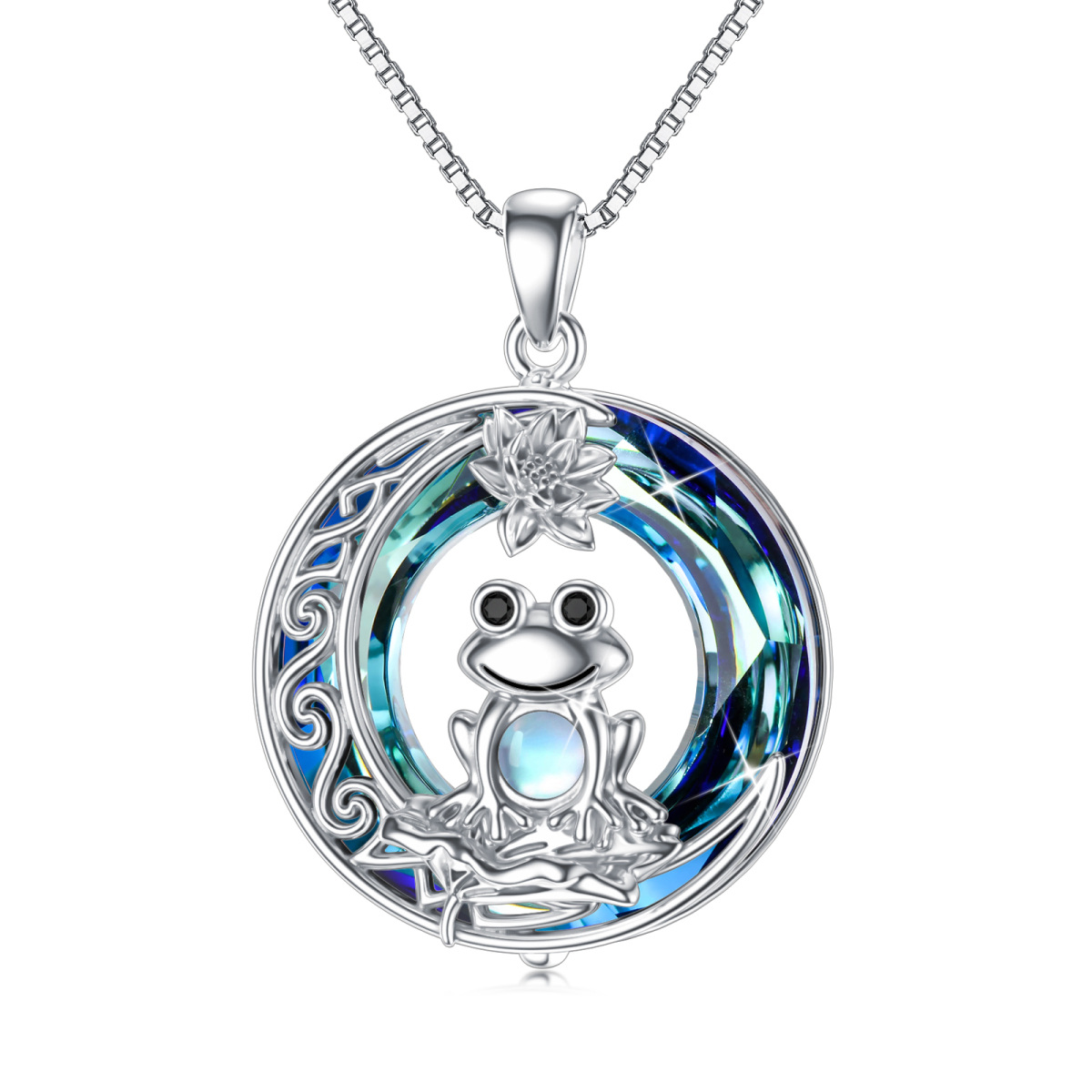 Sterling Silver Circular Crystal Frog & Lotus Moon Pendant Necklace For Women Best Friends-1