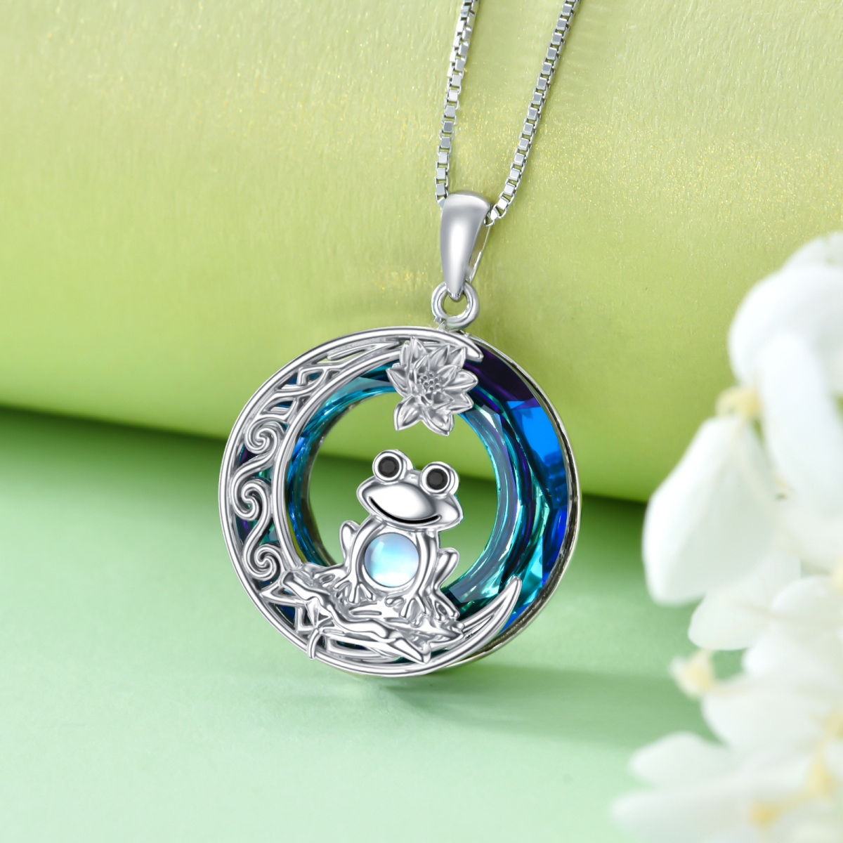 Sterling Silver Circular Crystal Frog & Lotus Moon Pendant Necklace For Women Best Friends-3