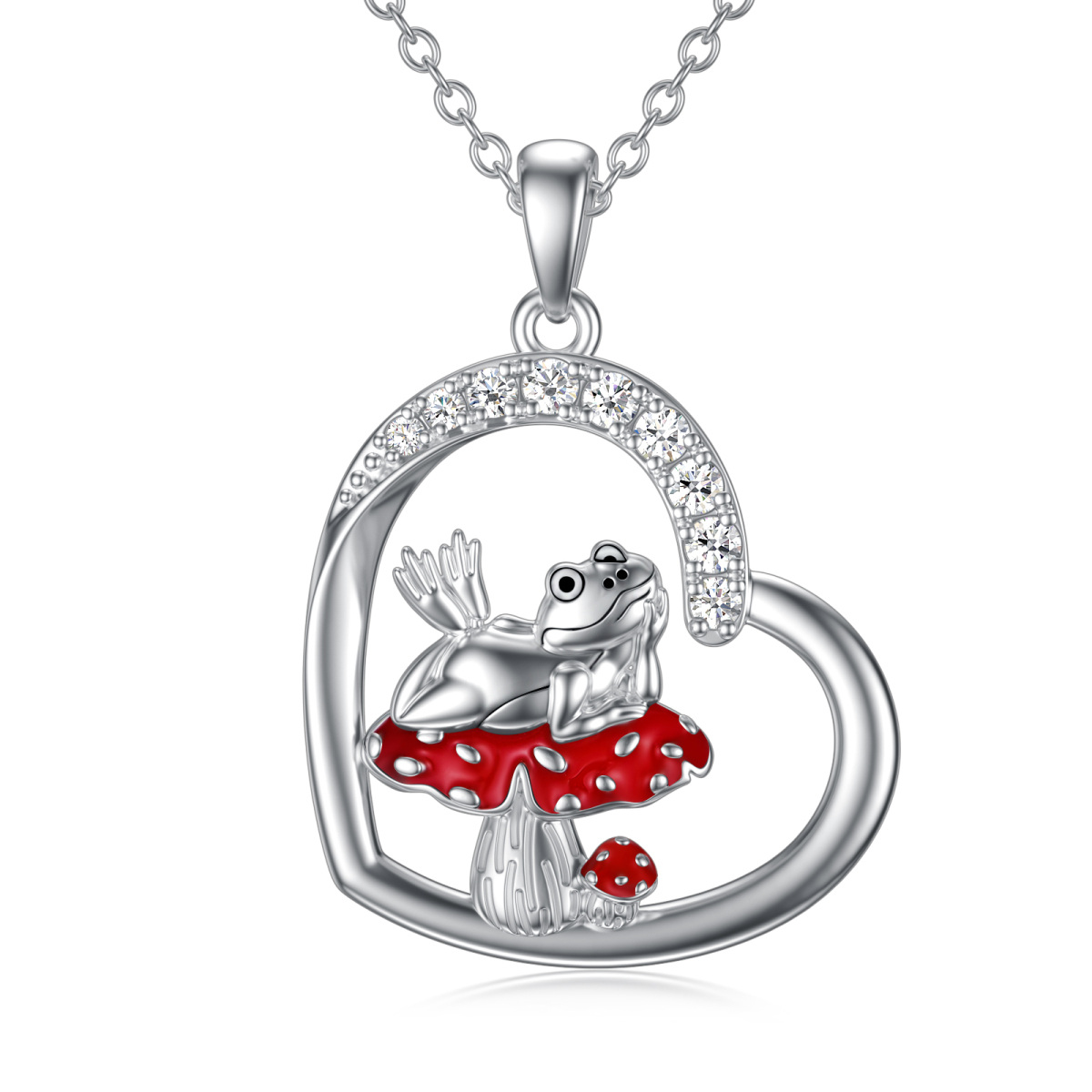 Sterling Silver Circular Cubic Zirconia Frog & Mushroom Heart Pendant Necklace For Women Best Friends-1