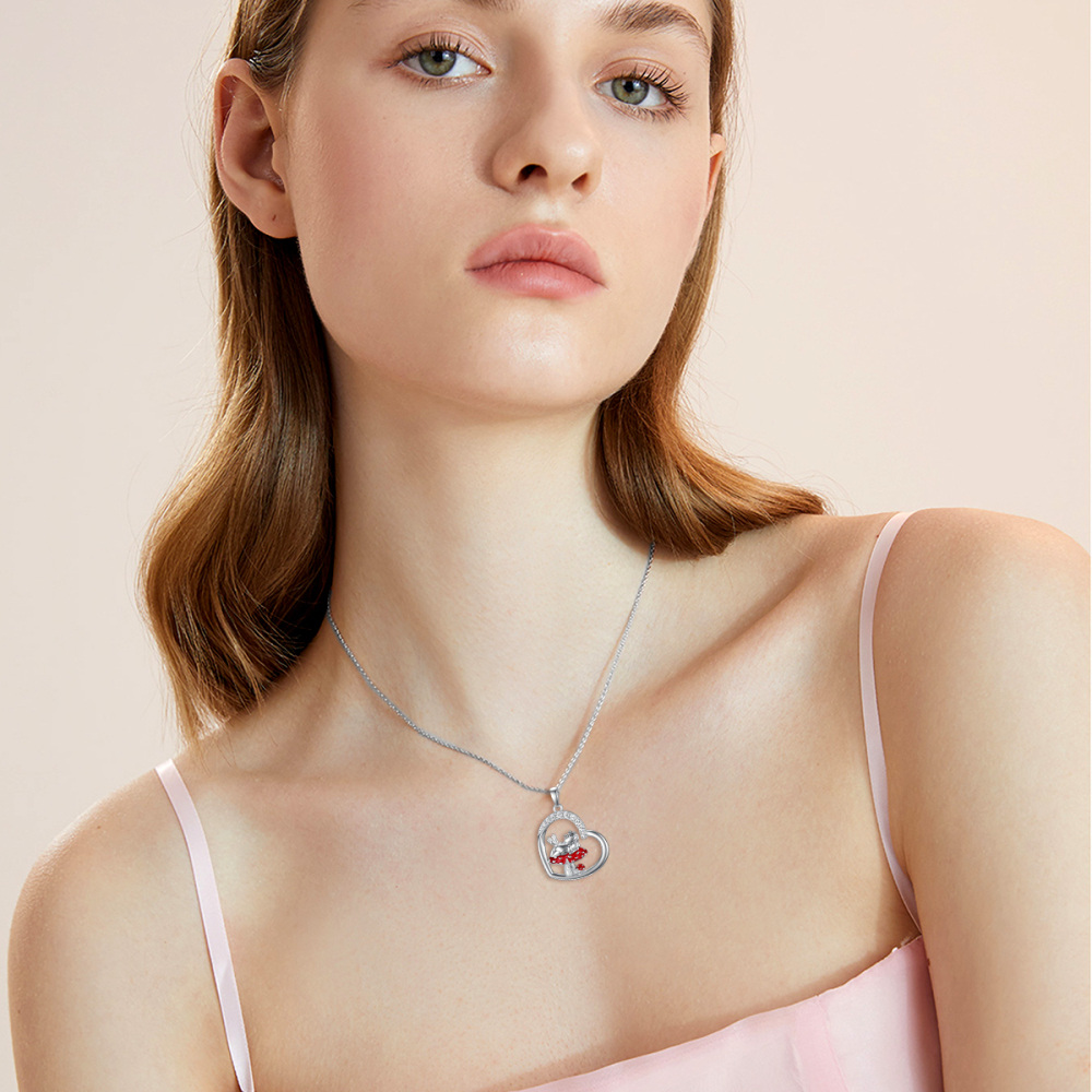 Collar con colgante de corazón de rana y seta de circonita cúbica circular de plata de ley para mujeres mejores amigas-2