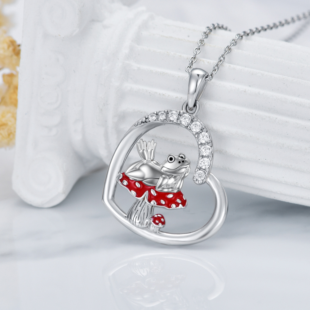 Collar con colgante de corazón de rana y seta de circonita cúbica circular de plata de ley para mujeres mejores amigas-3
