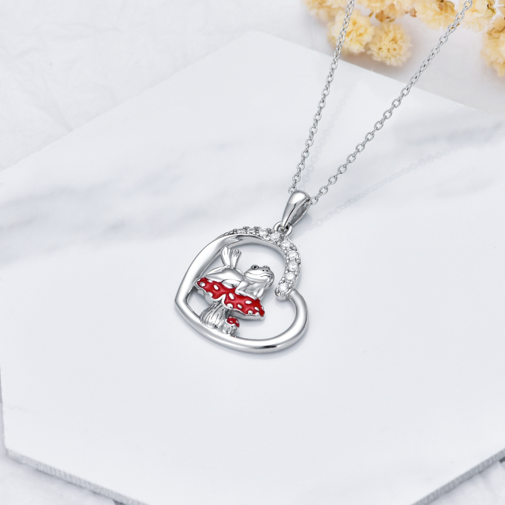 Collar con colgante de corazón de rana y seta de circonita cúbica circular de plata de ley para mujeres mejores amigas-4
