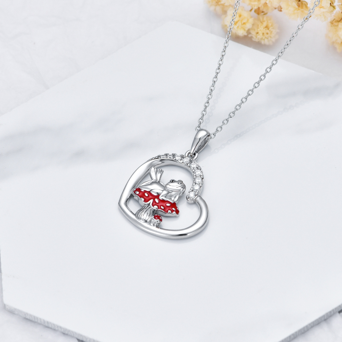 Sterling Silver Circular Cubic Zirconia Frog & Mushroom Heart Pendant Necklace For Women Best Friends-4