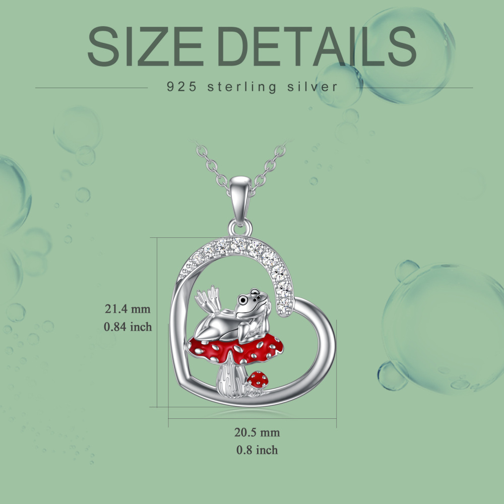 Collar con colgante de corazón de rana y seta de circonita cúbica circular de plata de ley para mujeres mejores amigas-5