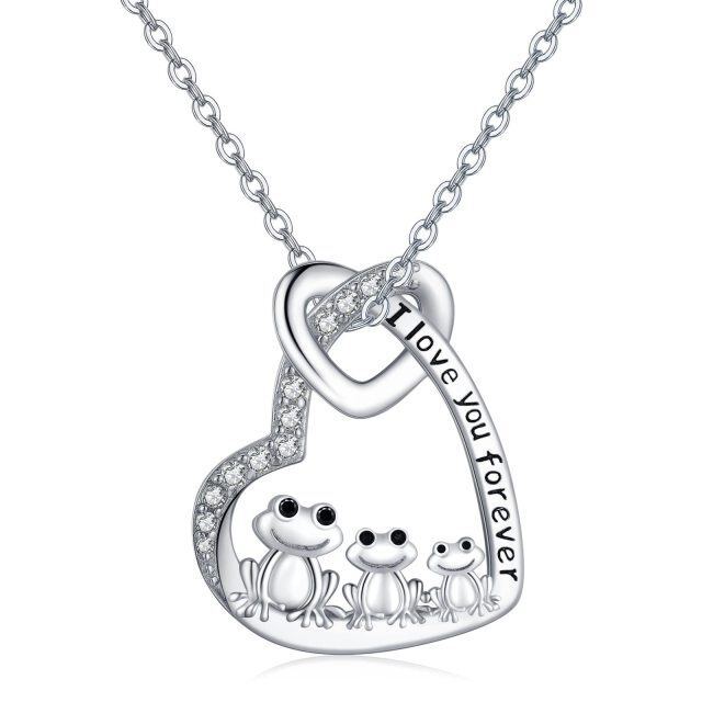 Sterling Silver Circular Shaped Cubic Zirconia Frog Pendant Necklace with Engraved Word-1