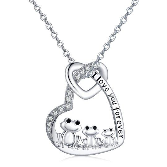 Sterling Silver Circular Shaped Cubic Zirconia Frog Pendant Necklace with Engraved Word