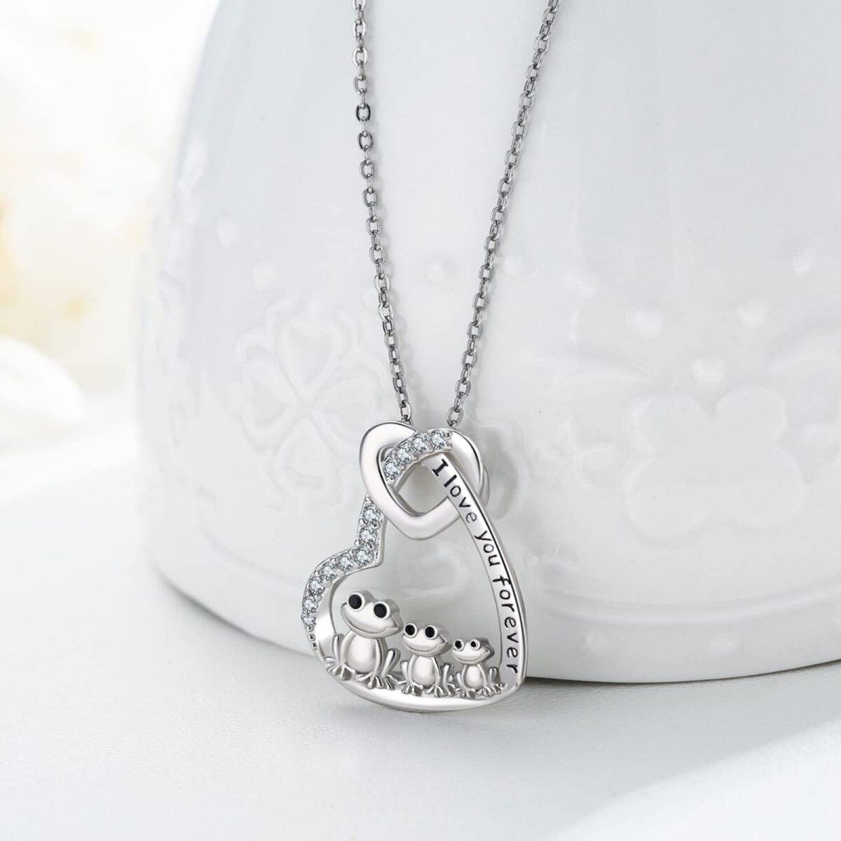 Sterling Silver Circular Shaped Cubic Zirconia Frog Pendant Necklace with Engraved Word-4