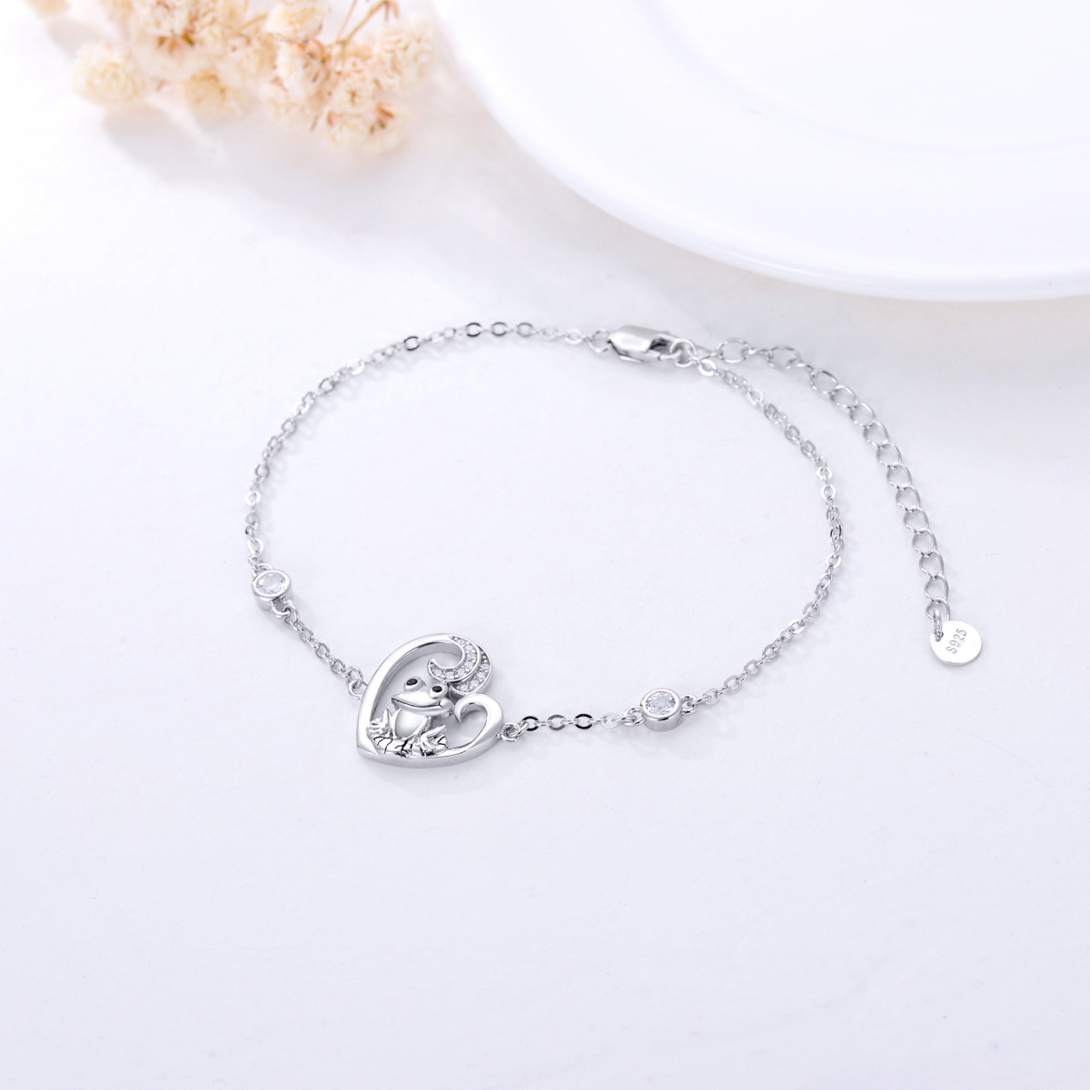 Sterling Silver Circular Shaped Cubic Zirconia Frog Single Layer Anklet-3