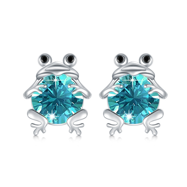 Sterling Silver Circular Shaped Cubic Zirconia Frog Stud Earrings-1