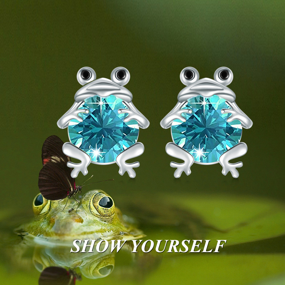 Sterling Silver Circular Shaped Cubic Zirconia Frog Stud Earrings-6