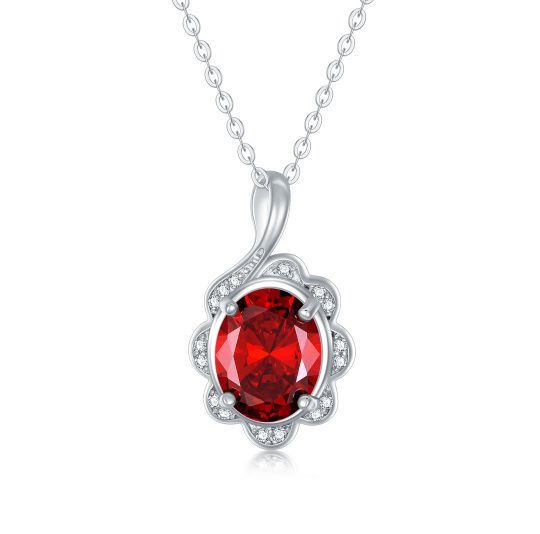 Sterling Silver Circular Shaped Garnet With Flower Pendant Necklace