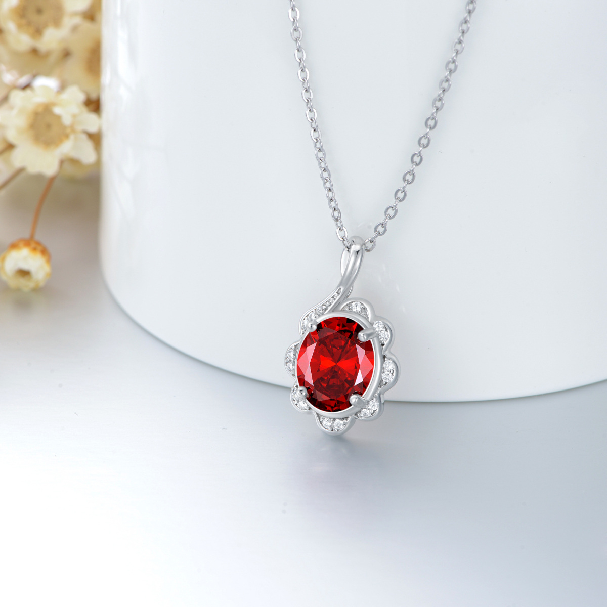 Sterling Silver Circular Shaped Garnet With Flower Pendant Necklace-3