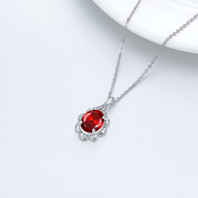 Sterling Silver Circular Shaped Garnet With Flower Pendant Necklace-4