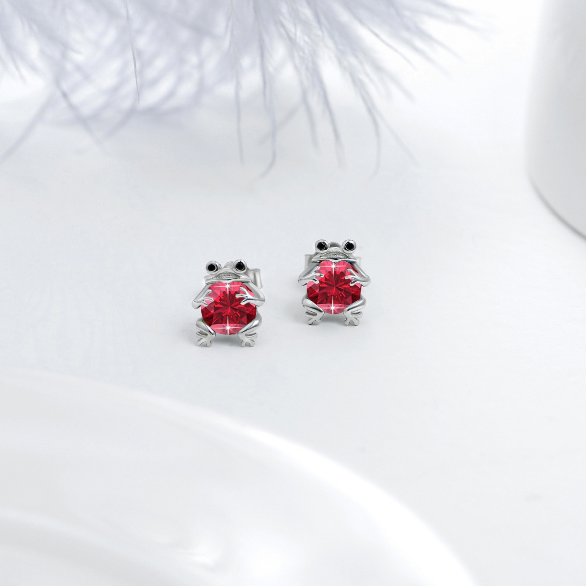 Sterling Silver Circular Shaped Garnet Frog Stud Earrings-3