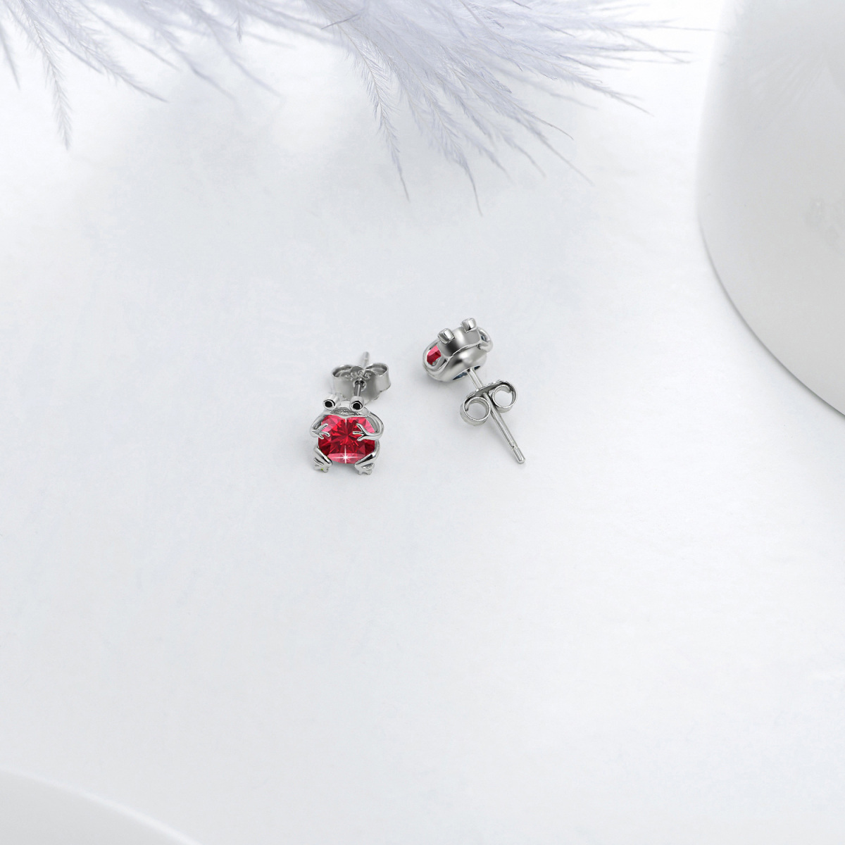 Sterling Silver Circular Shaped Garnet Frog Stud Earrings-4