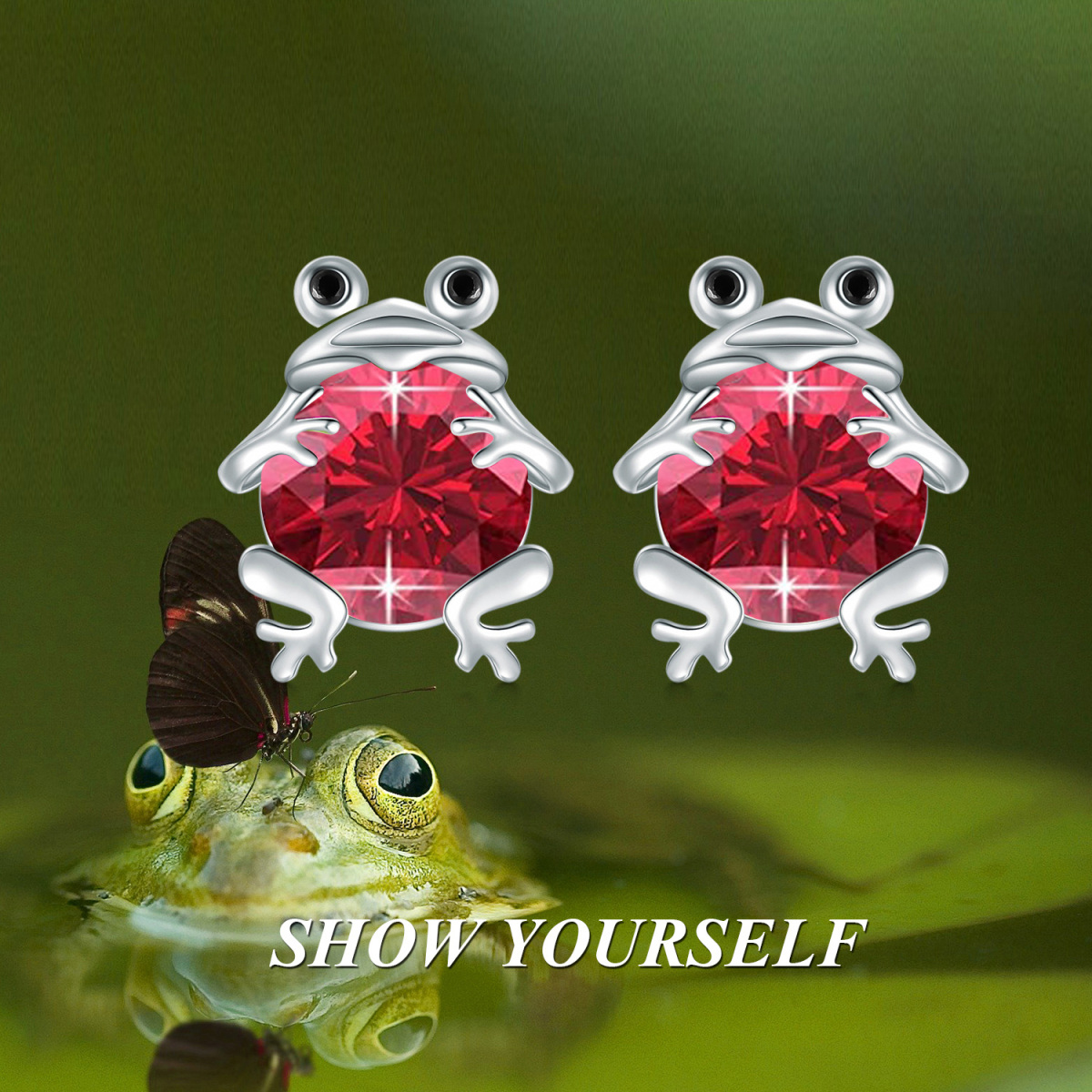 Sterling Silver Circular Shaped Garnet Frog Stud Earrings-6