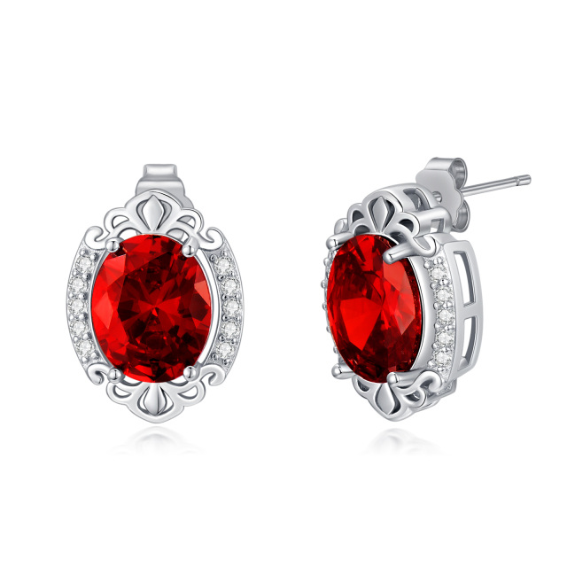 Sterling Silver Circular Shaped Garnet Round Stud Earrings-1