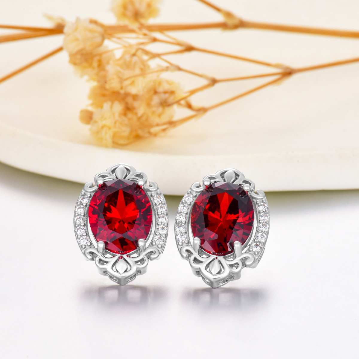 Sterling Silver Circular Shaped Garnet Round Stud Earrings-3