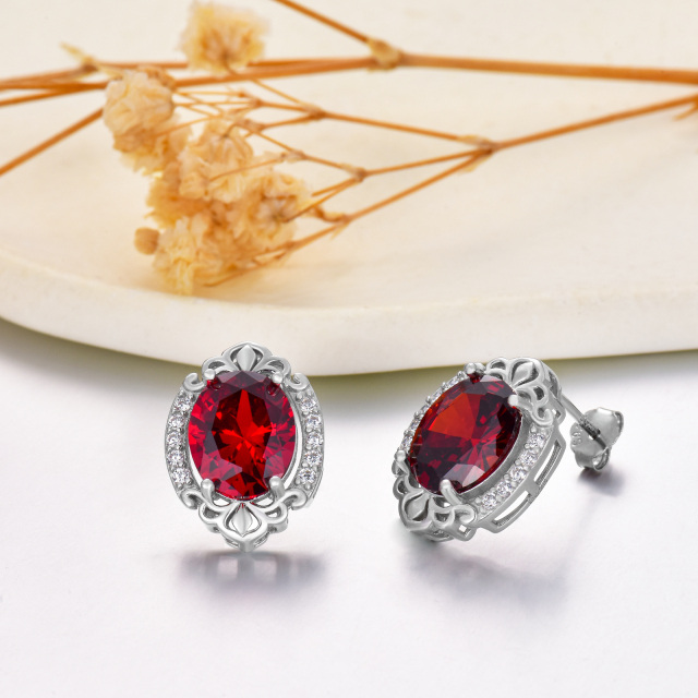 Sterling Silver Circular Shaped Garnet Round Stud Earrings-4