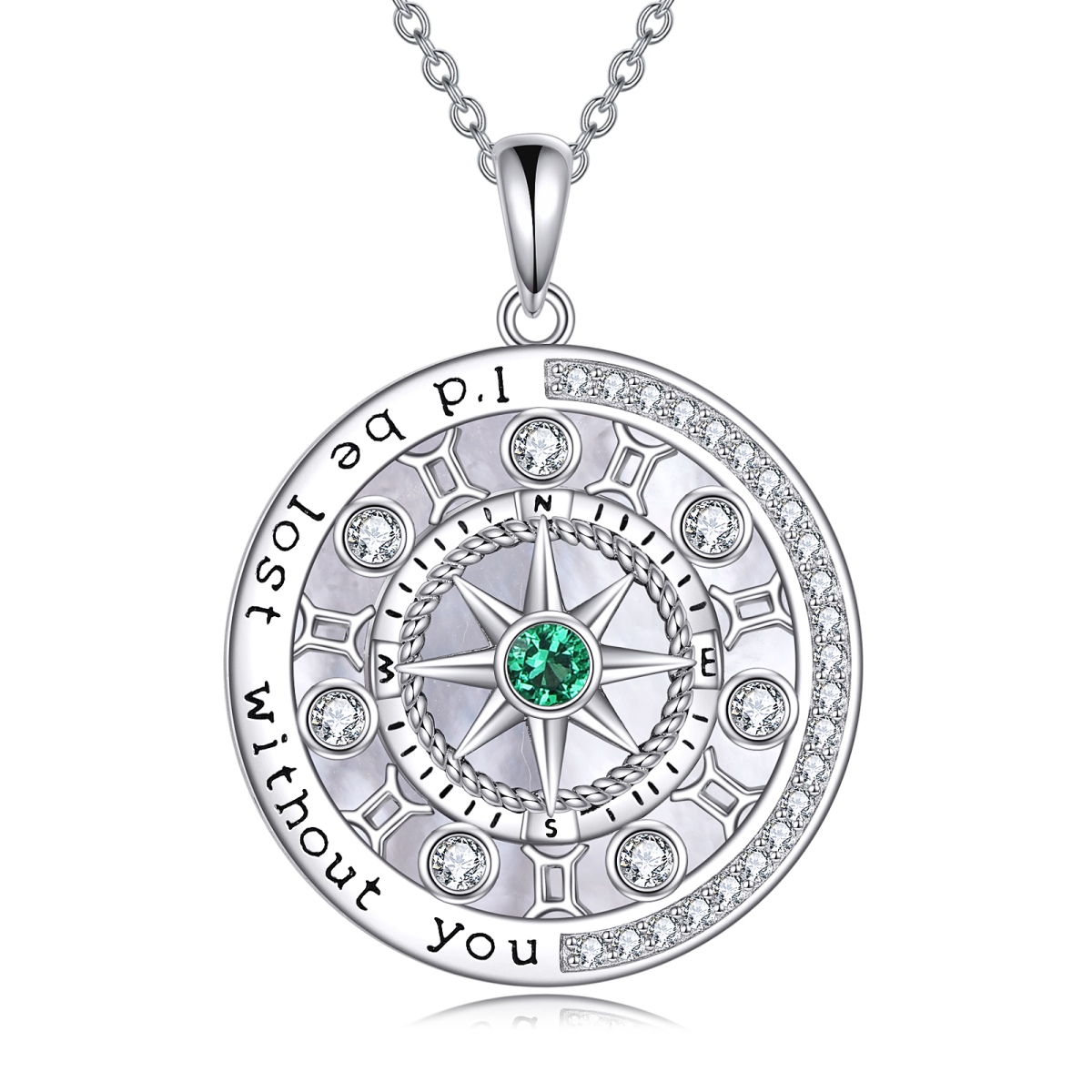 Sterling Silver Circular Shaped Cubic Zirconia Gemini & Compass Pendant Necklace-1