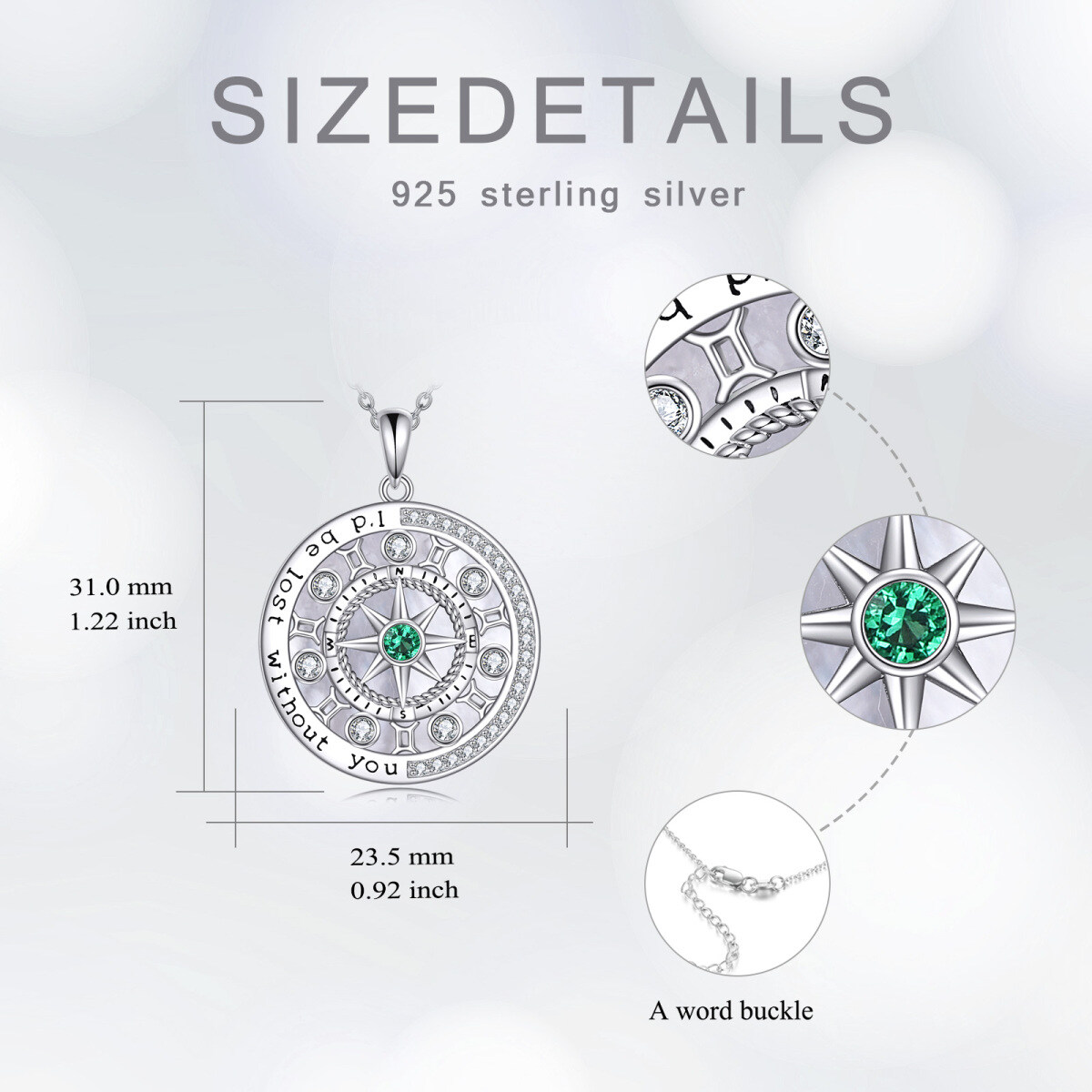 Sterling Silver Circular Shaped Cubic Zirconia Gemini & Compass Pendant Necklace-5