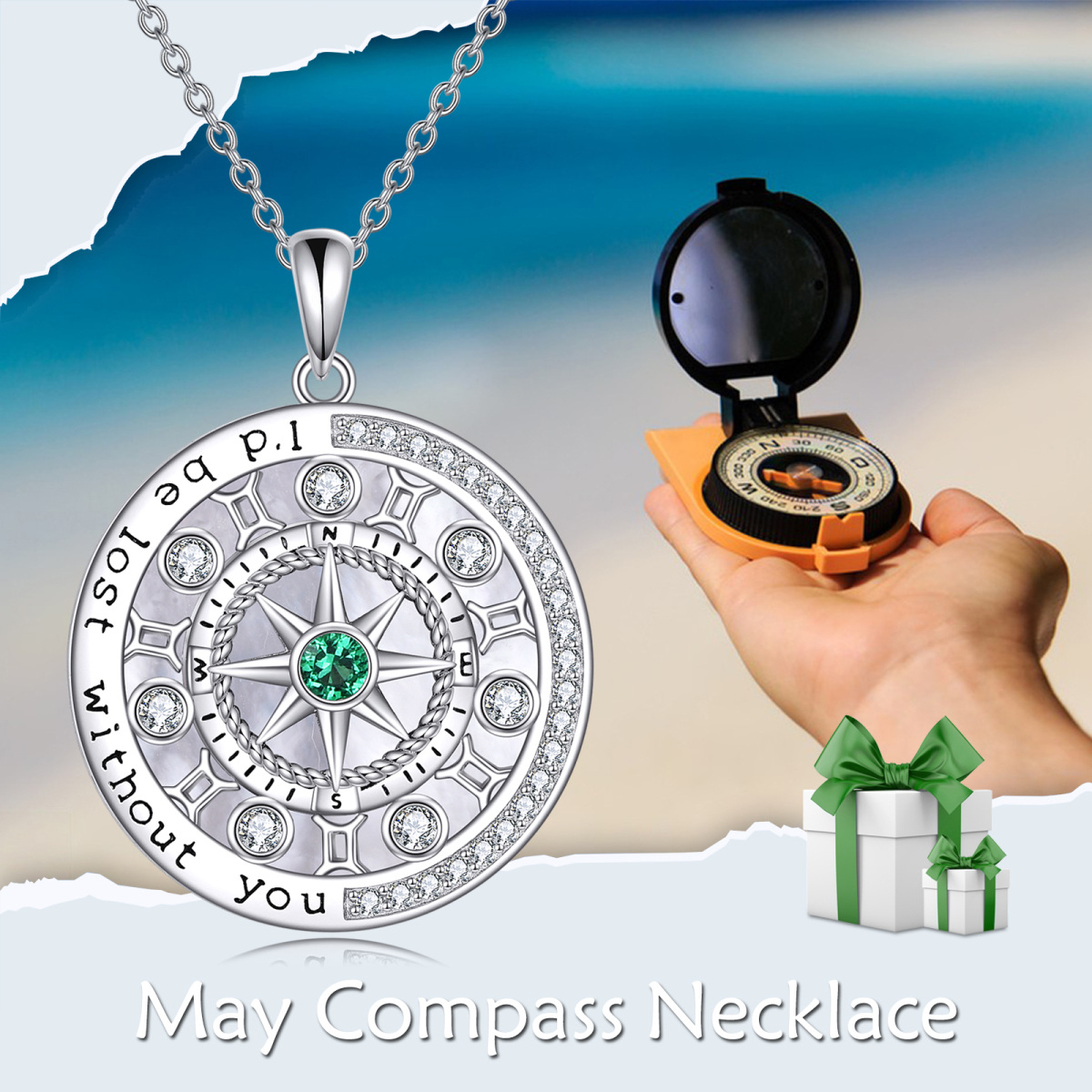 Sterling Silver Circular Shaped Cubic Zirconia Gemini & Compass Pendant Necklace-6