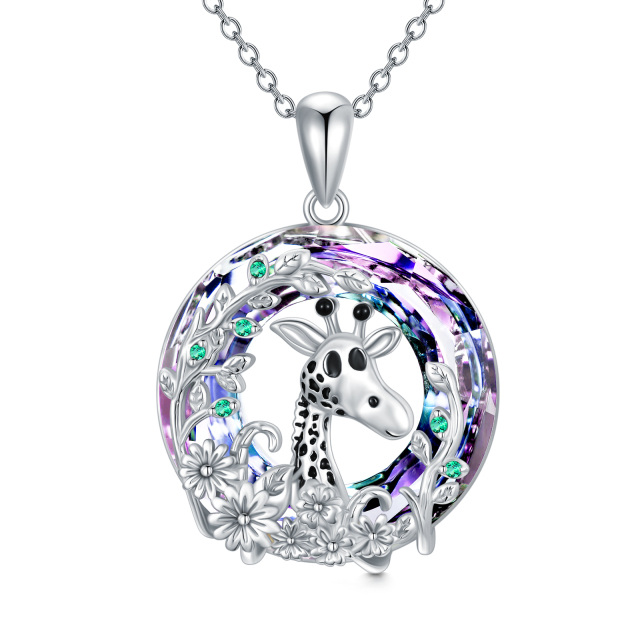 Sterling Silver Circular Shaped Giraffe Crystal Pendant Necklace-1