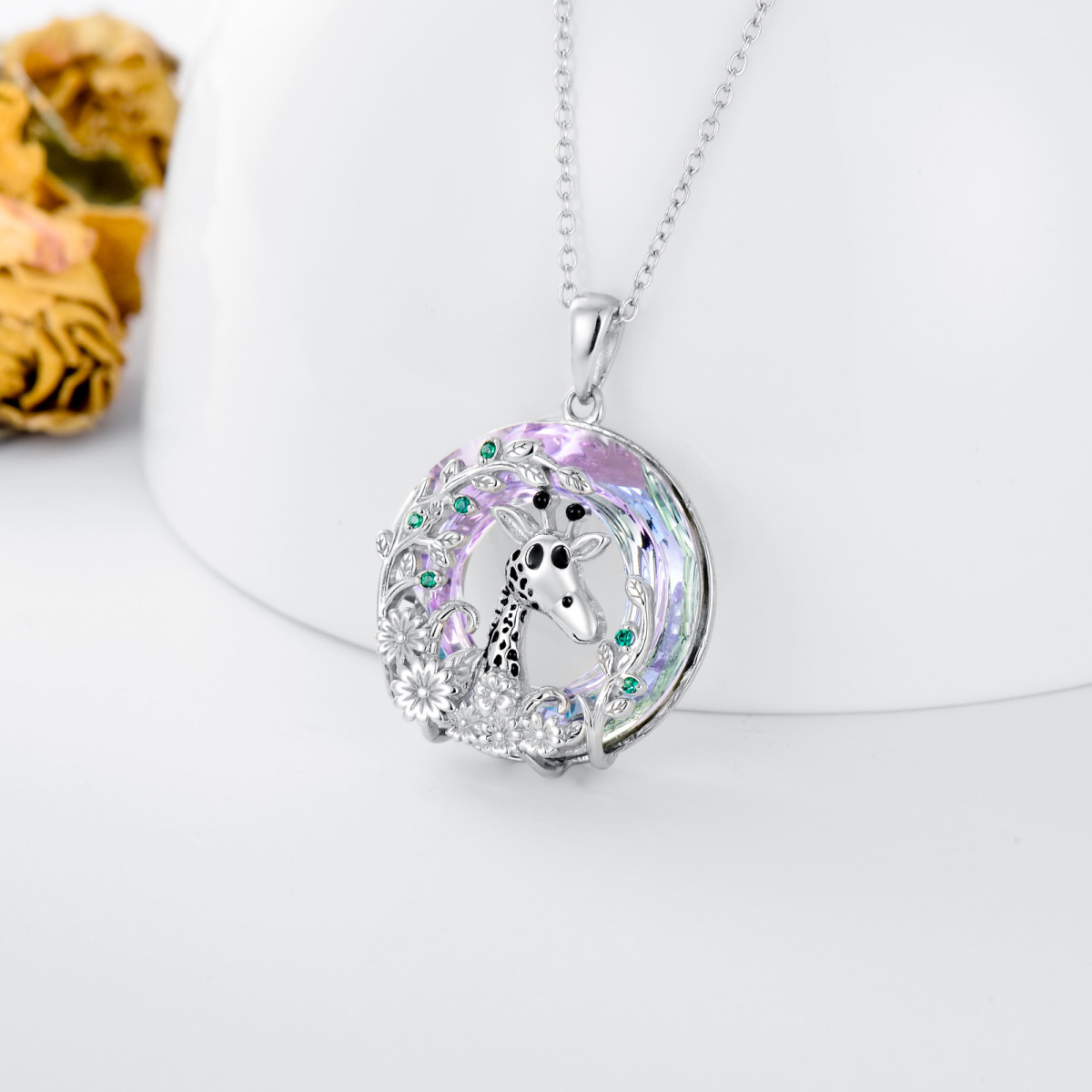 Sterling Silver Circular Shaped Giraffe Crystal Pendant Necklace-3