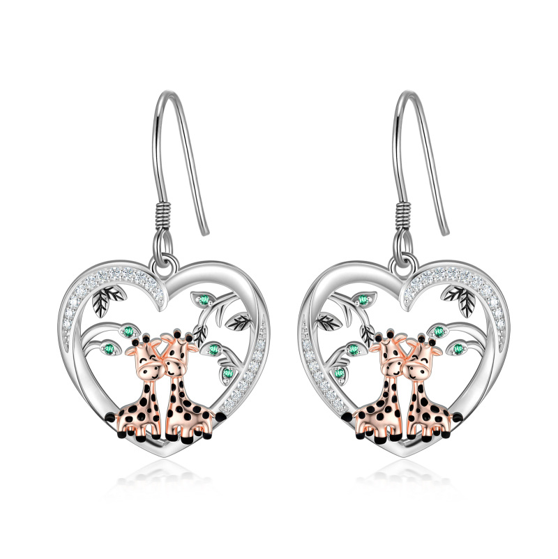 Sterling Silver Circular Shaped Cubic Zirconia Giraffe Drop Earrings-12