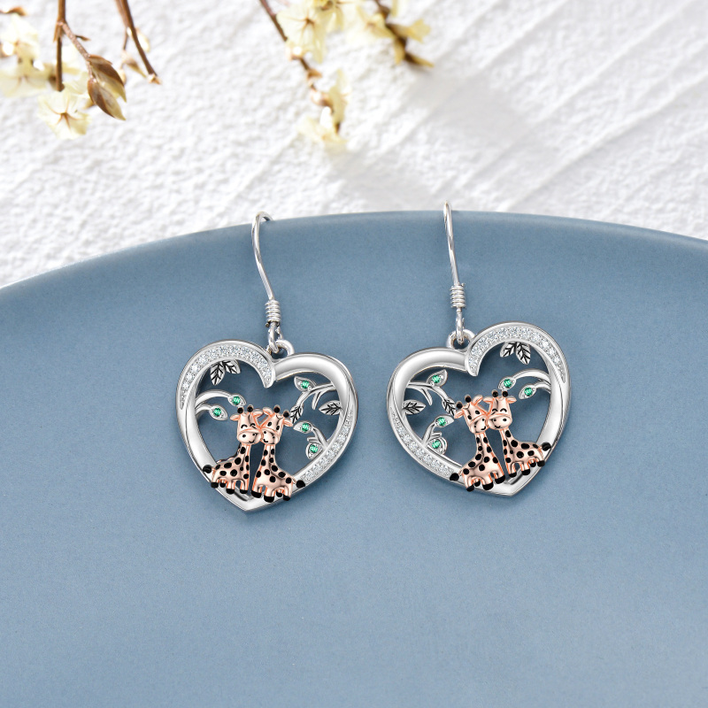 Sterling Silver Circular Shaped Cubic Zirconia Giraffe Drop Earrings-4