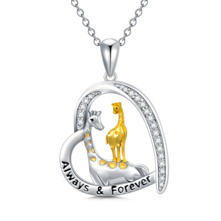 Sterling Silver Circular Shaped Cubic Zirconia Giraffe & Heart Pendant Necklace with Engraved Word-45