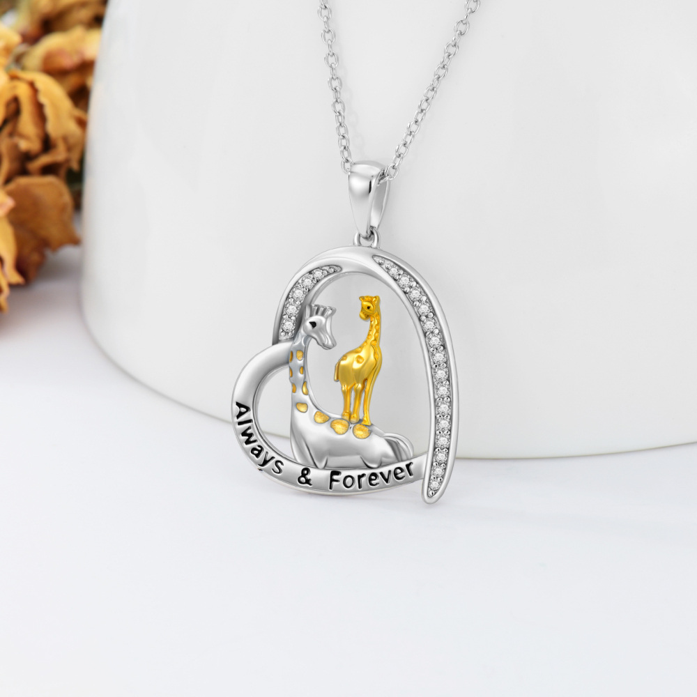 Sterling zilveren cirkelvormige cubic zirconia giraffe & hart hanger ketting met gegraveerd woord-3