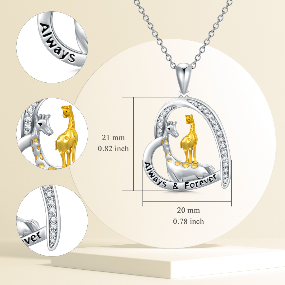 Collana con ciondolo a forma di cerchio in argento sterling con Giraffa e cuore con parola incisa-4