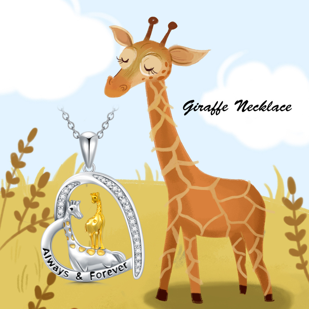 Sterling zilveren cirkelvormige cubic zirconia giraffe & hart hanger ketting met gegraveerd woord-5