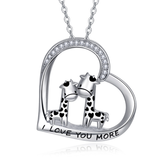 Sterling Silver Circular Shaped Cubic Zirconia Giraffe & Heart Pendant Necklace with Engraved Word