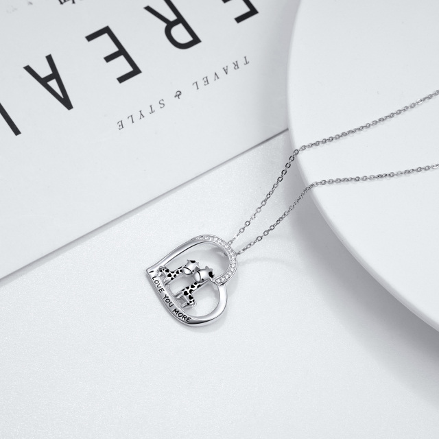 Sterling Silver Circular Shaped Cubic Zirconia Giraffe & Heart Pendant Necklace with Engraved Word-5