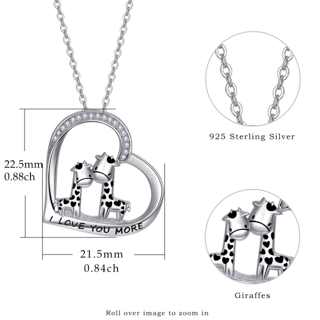 Sterling Silver Circular Shaped Cubic Zirconia Giraffe & Heart Pendant Necklace with Engraved Word-6