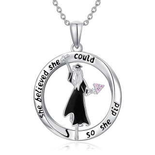 Sterling Silver Circular Shaped Cubic Zirconia Graduation Girl Pendant Necklace with Engraved Word-2