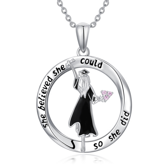 Sterling Silver Circular Shaped Cubic Zirconia Graduation Girl Pendant Necklace with Engraved Word