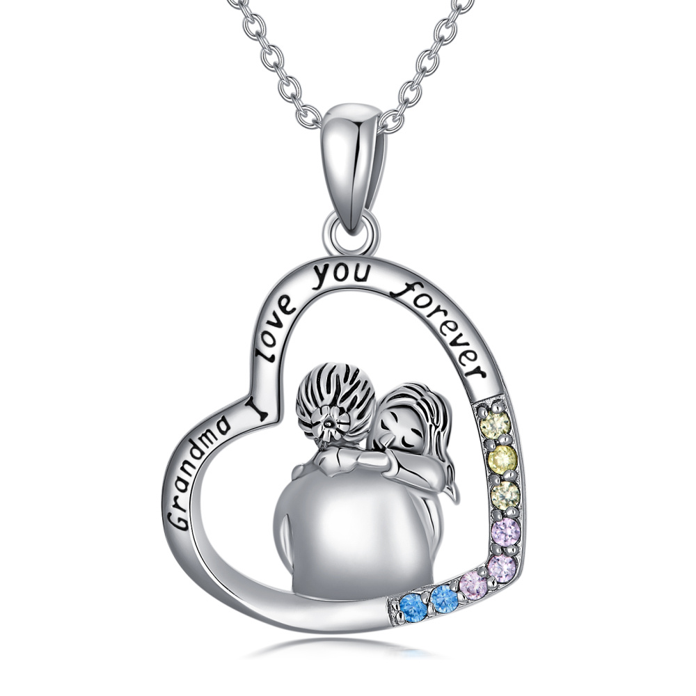 Collana con ciondolo della nonna in argento sterling a forma di cerchio e zirconi con parola incisa-1