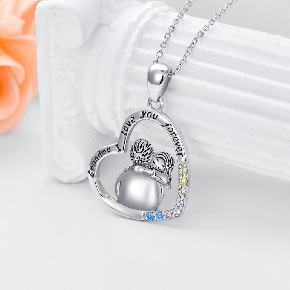 Collana con ciondolo della nonna in argento sterling a forma di cerchio e zirconi con parola incisa-3