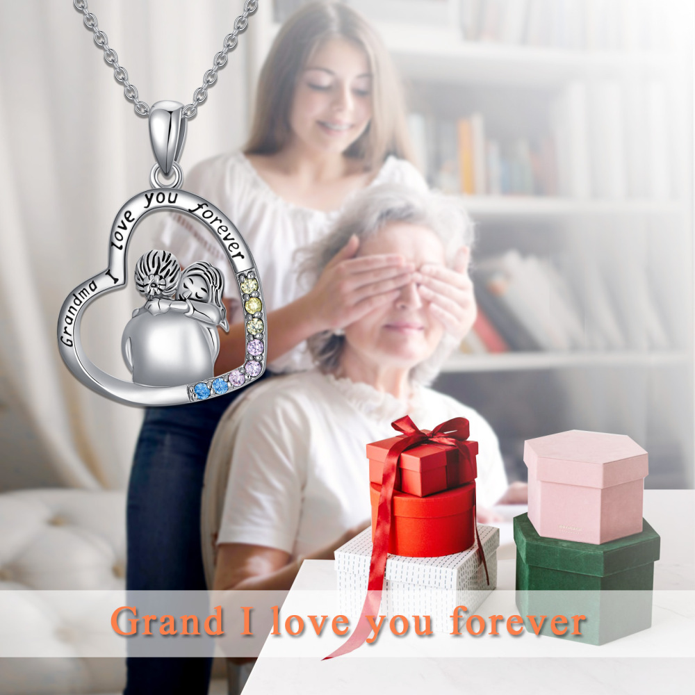 Collana con ciondolo della nonna in argento sterling a forma di cerchio e zirconi con parola incisa-5