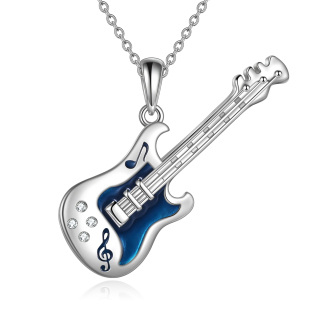 Sterling Silver Circular Shaped Cubic Zirconia Guitar Pendant Necklace with Engraved Word-2