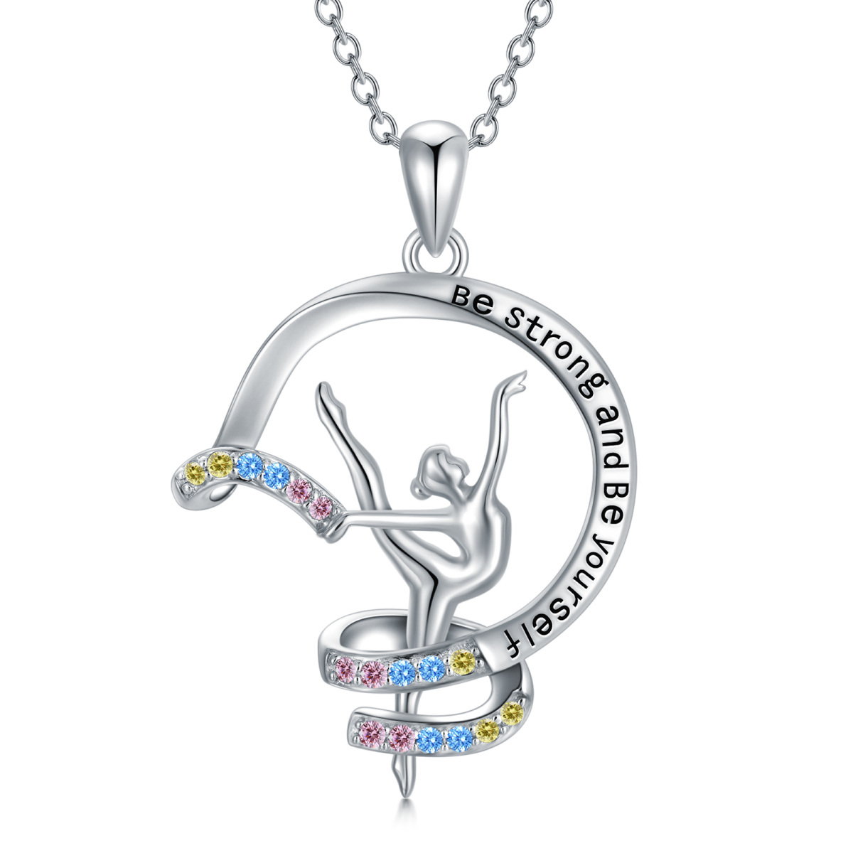 Sterling zilveren cirkelvormige cubic zirconia gymnast hanger ketting met gegraveerd woord-1