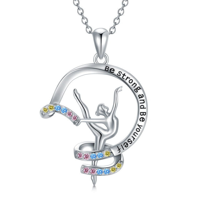 Sterling Silver Circular Shaped Cubic Zirconia Gymnast Pendant Necklace with Engraved Word-20