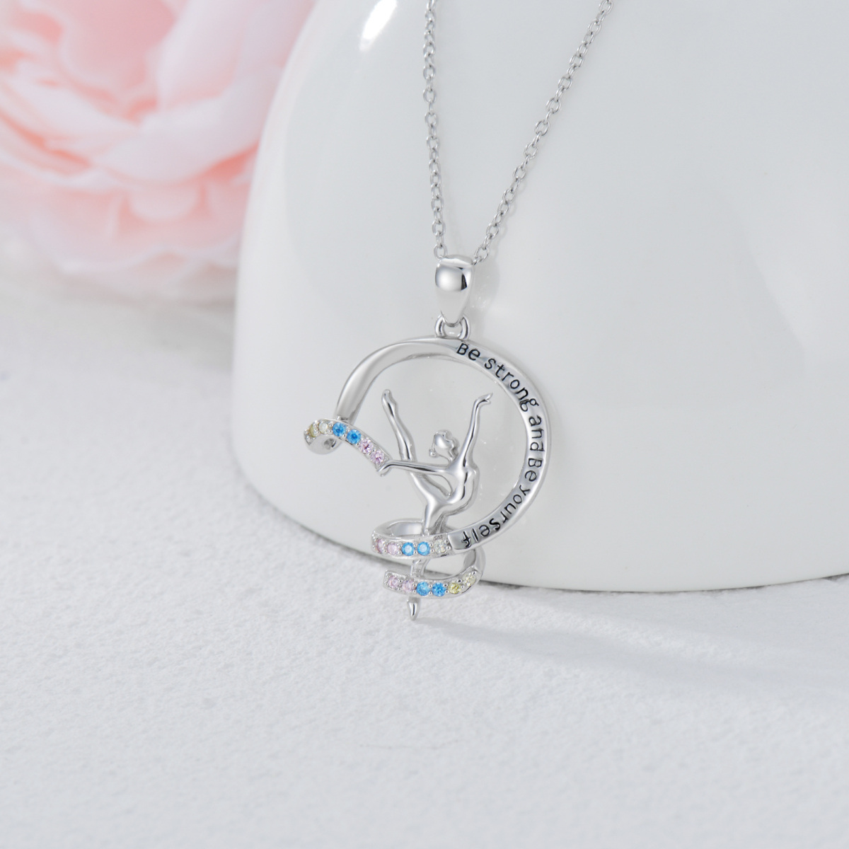 Sterling Silver Circular Shaped Cubic Zirconia Gymnast Pendant Necklace with Engraved Word-3