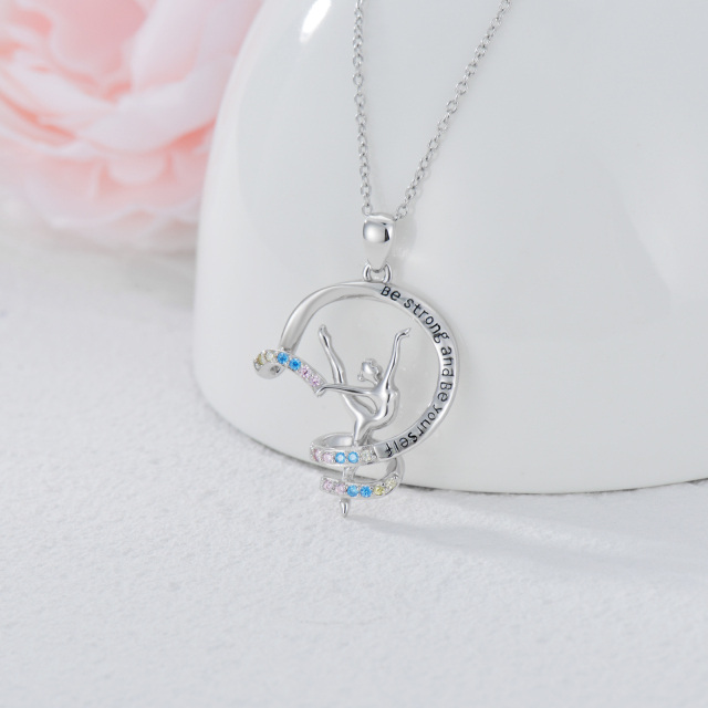 Sterling Silver Circular Shaped Cubic Zirconia Gymnast Pendant Necklace with Engraved Word-3