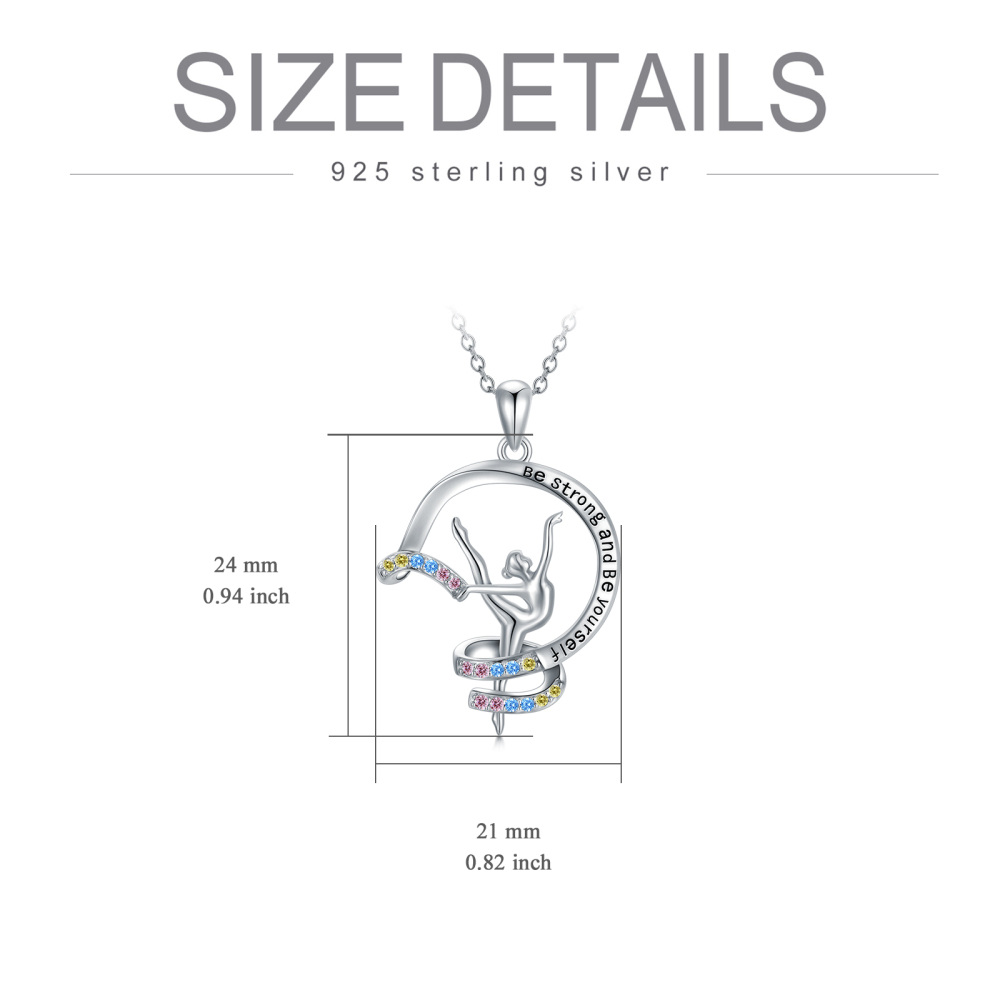 Sterling Silver Circular Shaped Cubic Zirconia Gymnast Pendant Necklace with Engraved Word-5