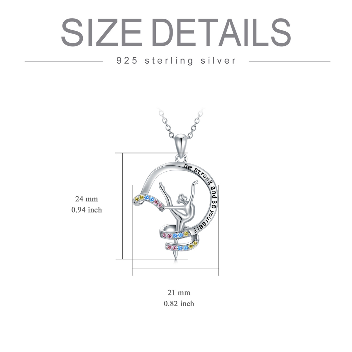 Sterling Silver Circular Shaped Cubic Zirconia Gymnast Pendant Necklace with Engraved Word-5